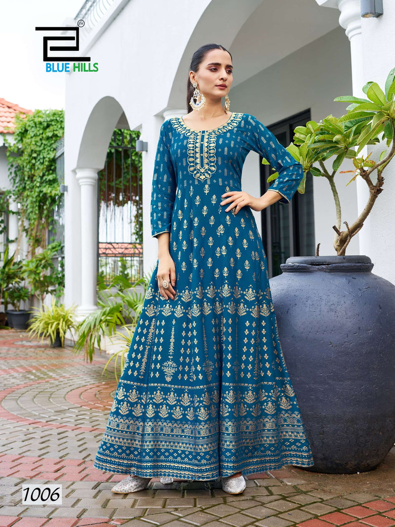 Blue Hills Walkway Special Rayon Foil Print Casual Wear Anarkali Kurti