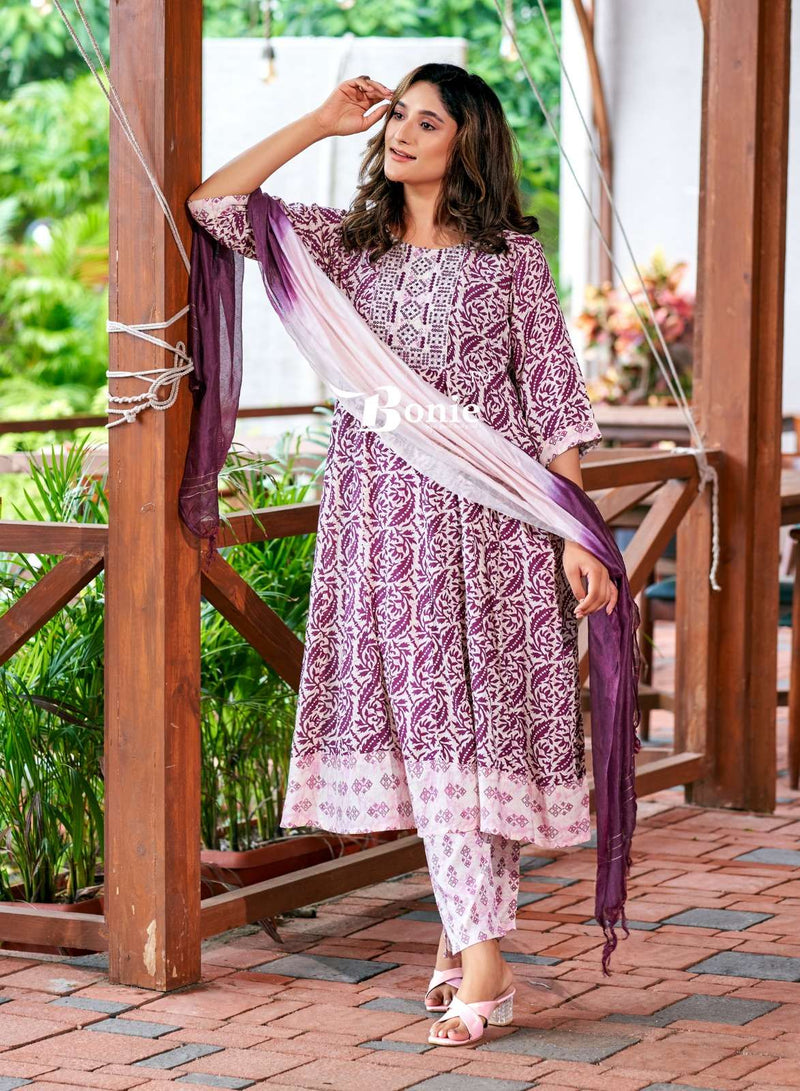 Bonie Anarkali Rayon Prints Casual Wear Kurti Pant Dupatta Set