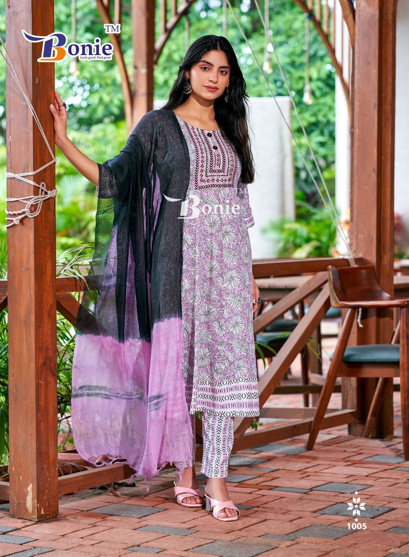 Bonie Anarkali Rayon Prints Casual Wear Kurti Pant Dupatta Set