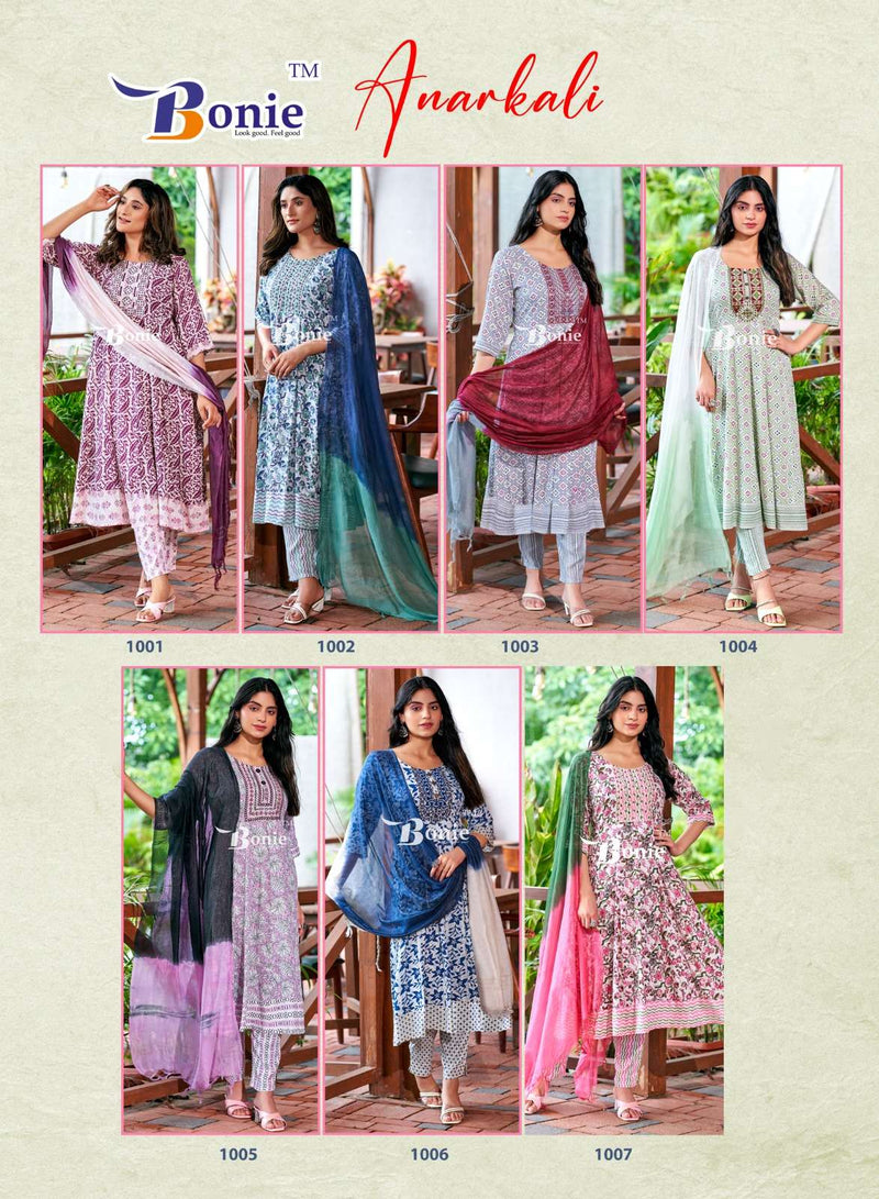 Bonie Anarkali Rayon Prints Casual Wear Kurti Pant Dupatta Set