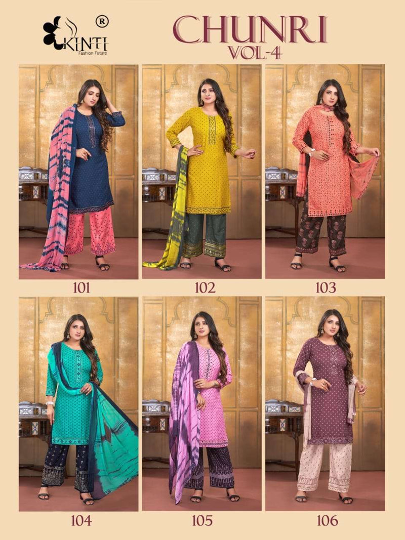 Chunari Vol 4 By Kinti 3pcs Set Fancy Work Straight Kurti With Plazzo And Dupatta