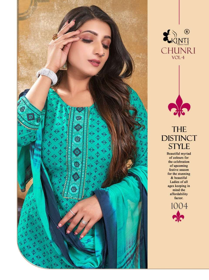 Chunari Vol 4 By Kinti 3pcs Set Fancy Work Straight Kurti With Plazzo And Dupatta