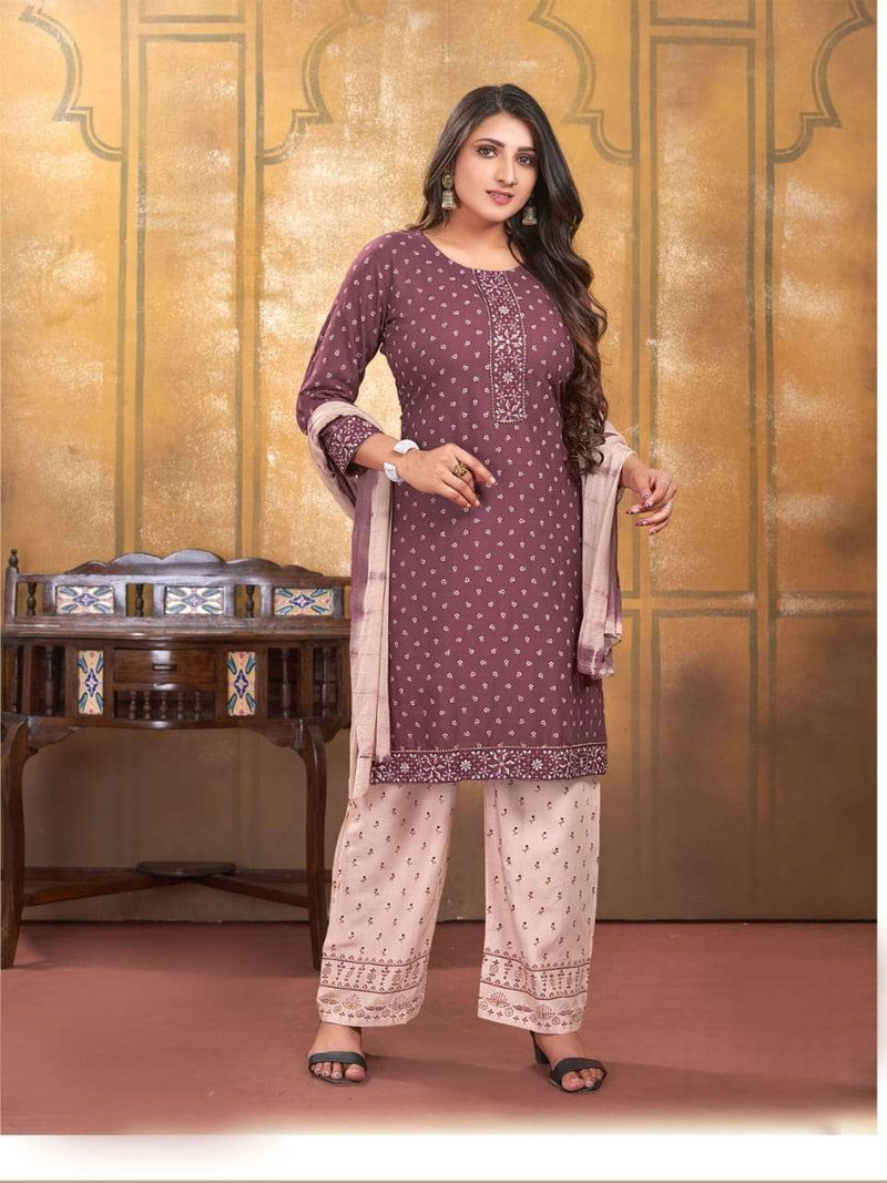 Chunari Vol 4 By Kinti 3pcs Set Fancy Work Straight Kurti With Plazzo And Dupatta