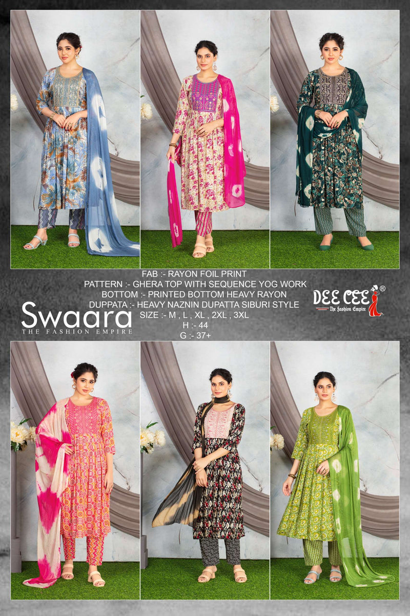 Dee Cee Swaara Rayon Sequence Yog Work Nyra Cut Kurti Pant Dupatta Set