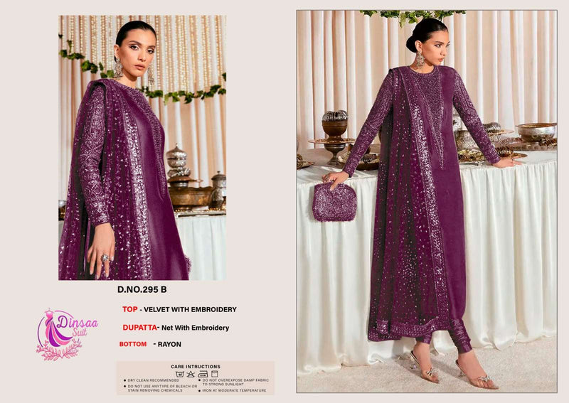 Dinsaa Suit Velvet Collection Design No 295 Abcde Embroidery Suit