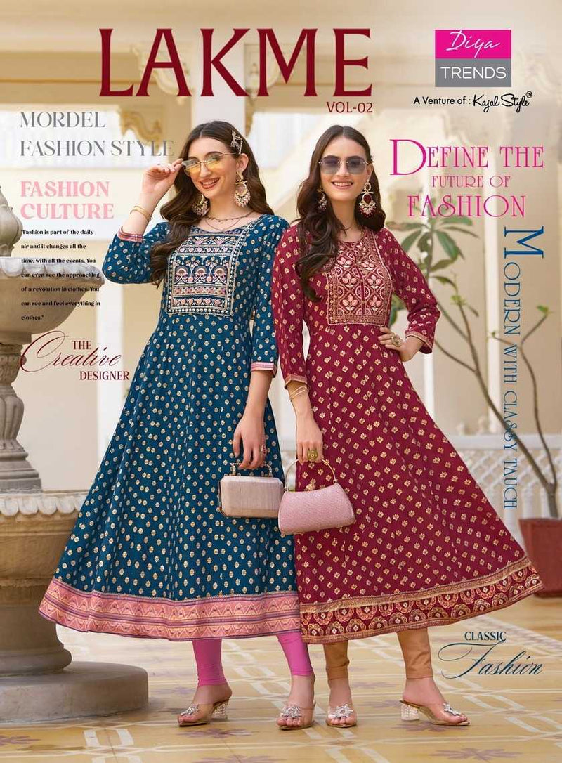 Diya Trends Lakme Vol 2 Rayon Emboidery Work Casual Wear Designer Kurti Gowns