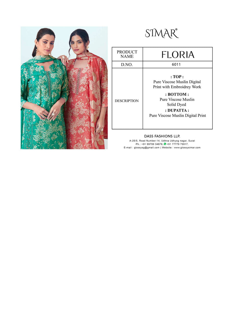 Glossy Floria Muslin Digital Print Embroidery Work Fancy Salwar Suit