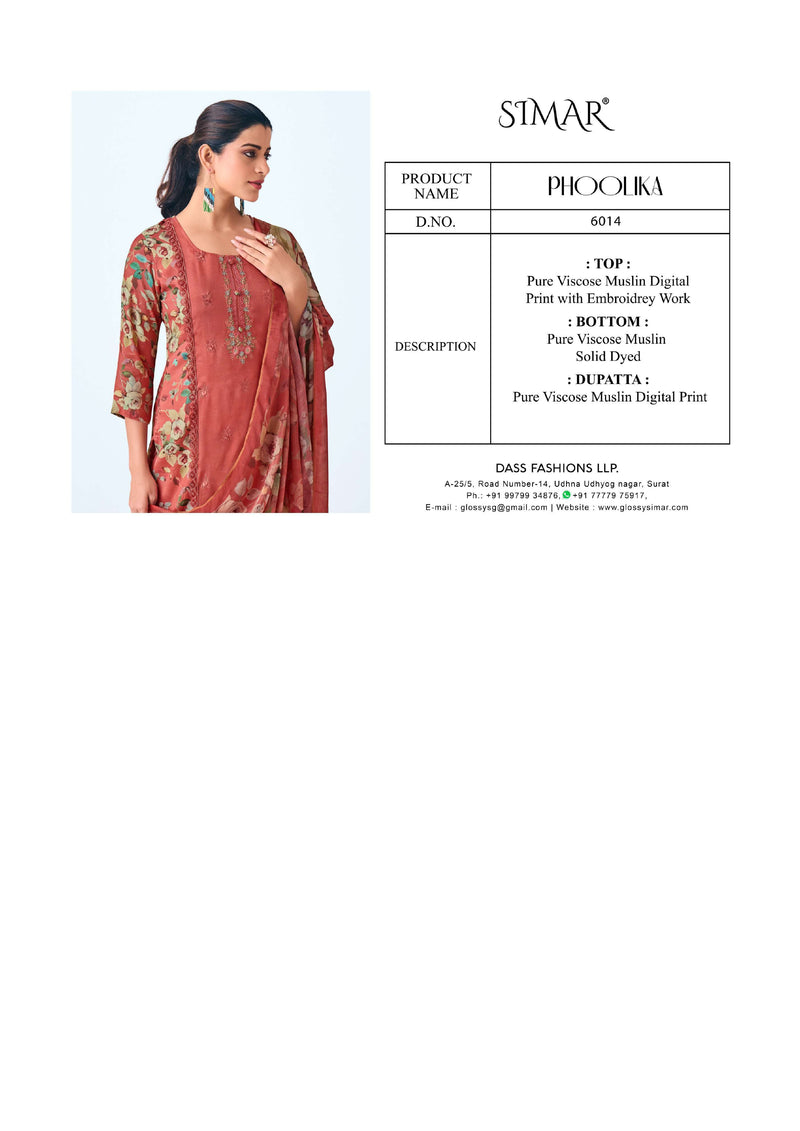 Glossy Phoolika 6014 Viscose Muslin Digital Print Embroidery Work Salwar Suit