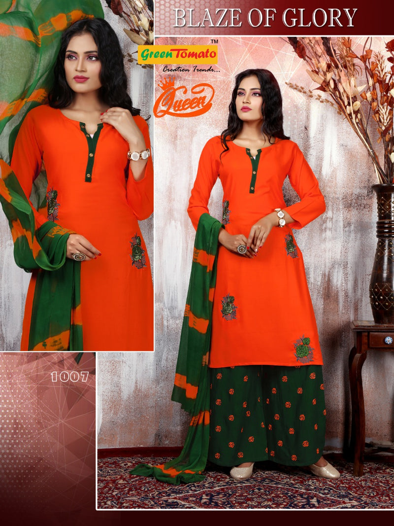 Green Tomato Present Queen Rayon Embroidery Readymade Palazzo Salwar Kameez