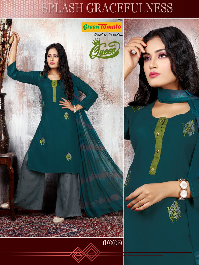 Green Tomato Present Queen Rayon Embroidery Readymade Palazzo Salwar Kameez