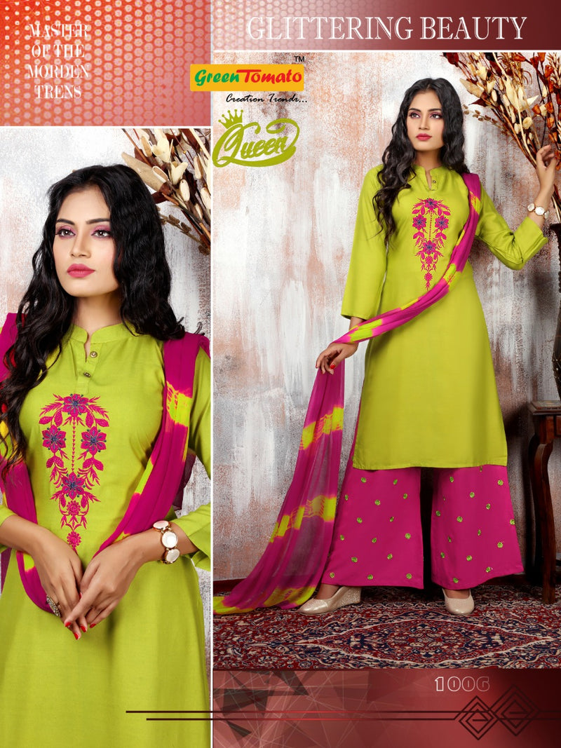 Green Tomato Present Queen Rayon Embroidery Readymade Palazzo Salwar Kameez