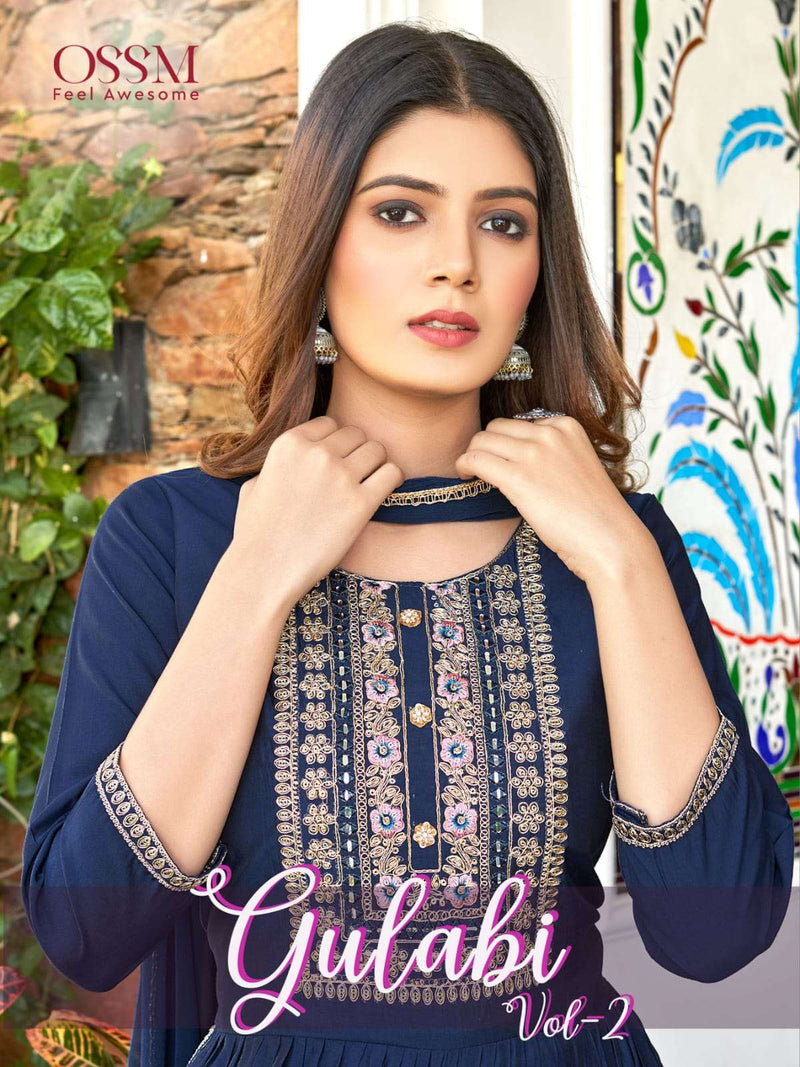 Gulabi Vol 2 By Ossm Fancy Designer Work Nayra Cut Kurti With Pant And Dupatta