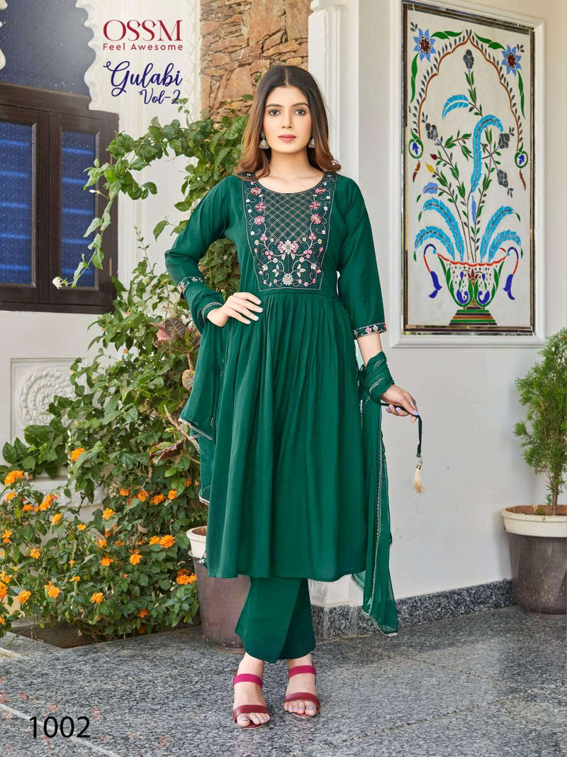 Gulabi Vol 2 By Ossm Fancy Designer Work Nayra Cut Kurti With Pant And Dupatta