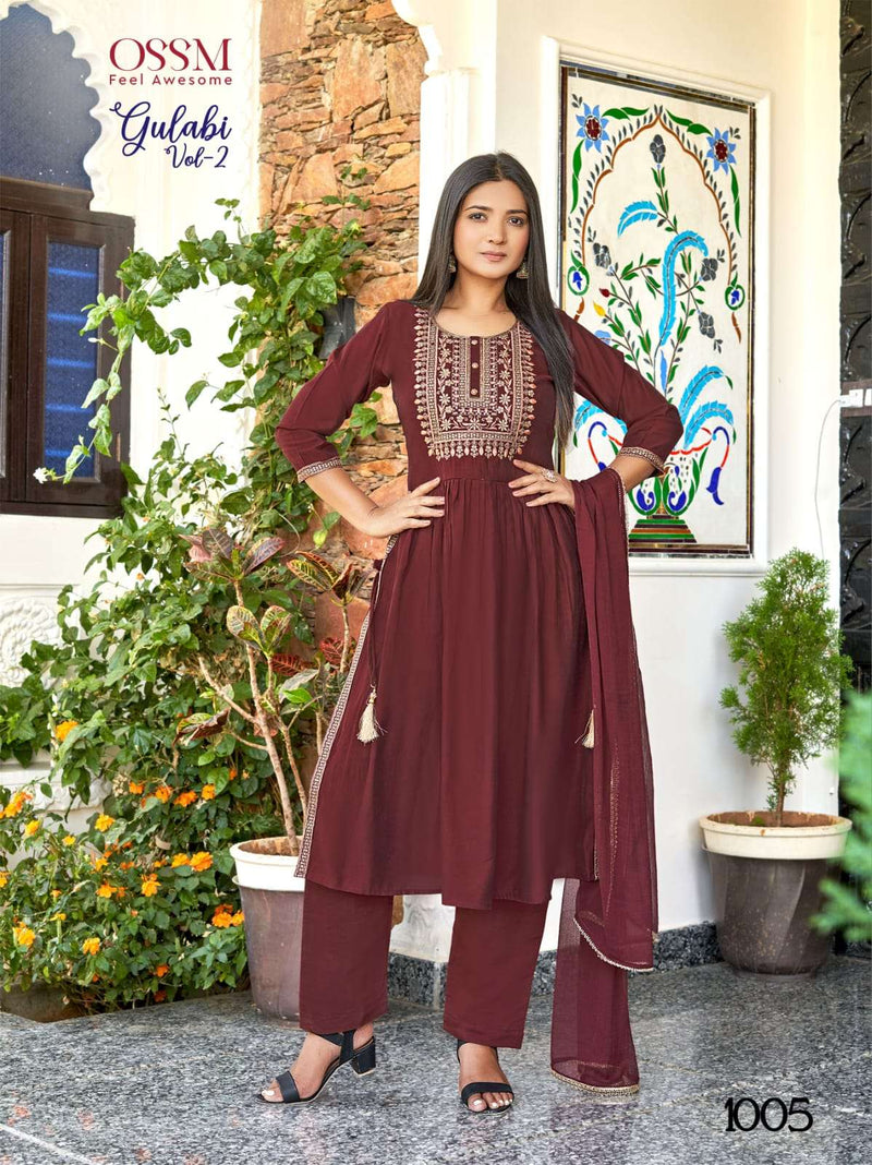 Gulabi Vol 2 By Ossm Fancy Designer Work Nayra Cut Kurti With Pant And Dupatta