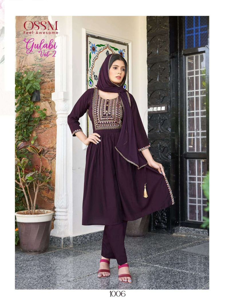 Gulabi Vol 2 By Ossm Fancy Designer Work Nayra Cut Kurti With Pant And Dupatta