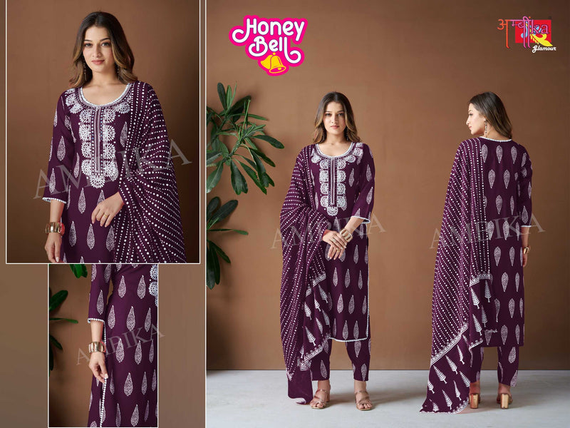 Ambika Kurtis Honey Bell Rayon Printed Mirror Work And Less On Neck Kurti Pant Dupatta Set