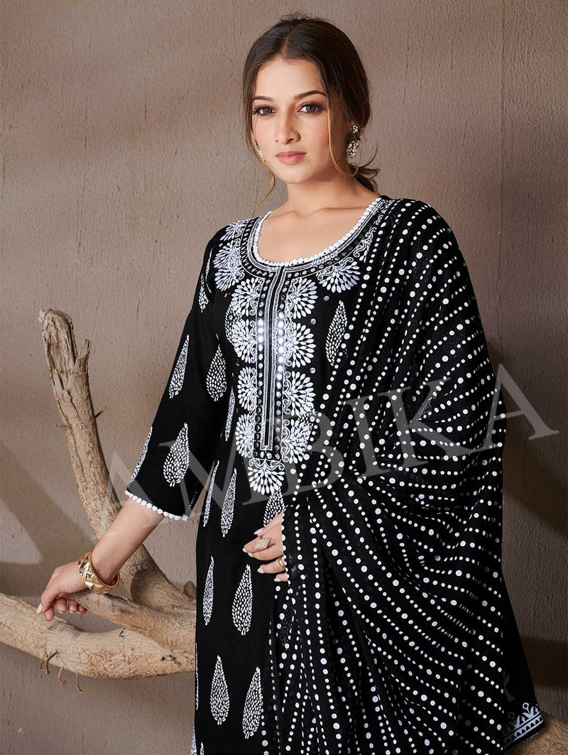 Ambika Kurtis Honey Bell Rayon Printed Mirror Work And Less On Neck Kurti Pant Dupatta Set