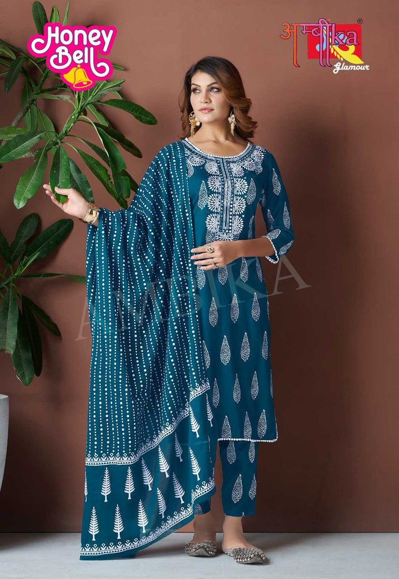 Ambika Kurtis Honey Bell Rayon Printed Mirror Work And Less On Neck Kurti Pant Dupatta Set