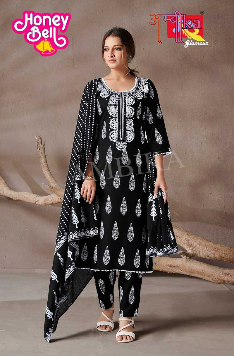 Ambika Kurtis Honey Bell Rayon Printed Mirror Work And Less On Neck Kurti Pant Dupatta Set