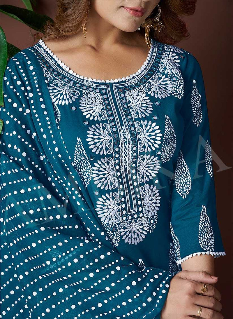 Ambika Kurtis Honey Bell Rayon Printed Mirror Work And Less On Neck Kurti Pant Dupatta Set