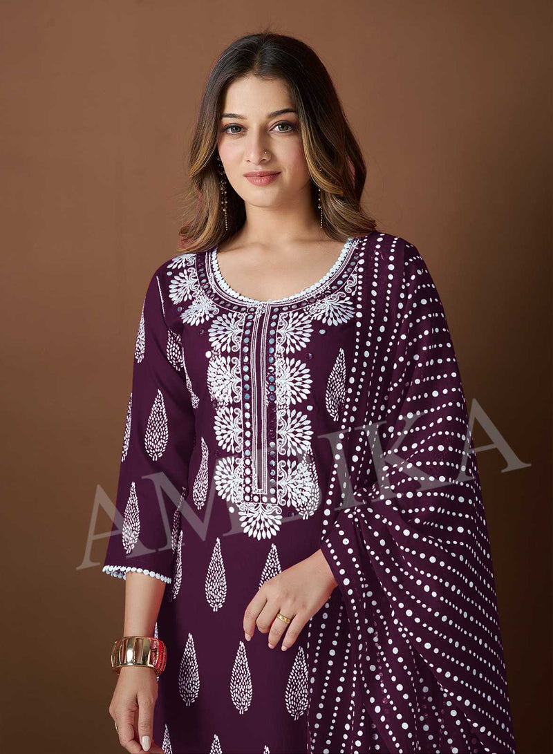 Ambika Kurtis Honey Bell Rayon Printed Mirror Work And Less On Neck Kurti Pant Dupatta Set