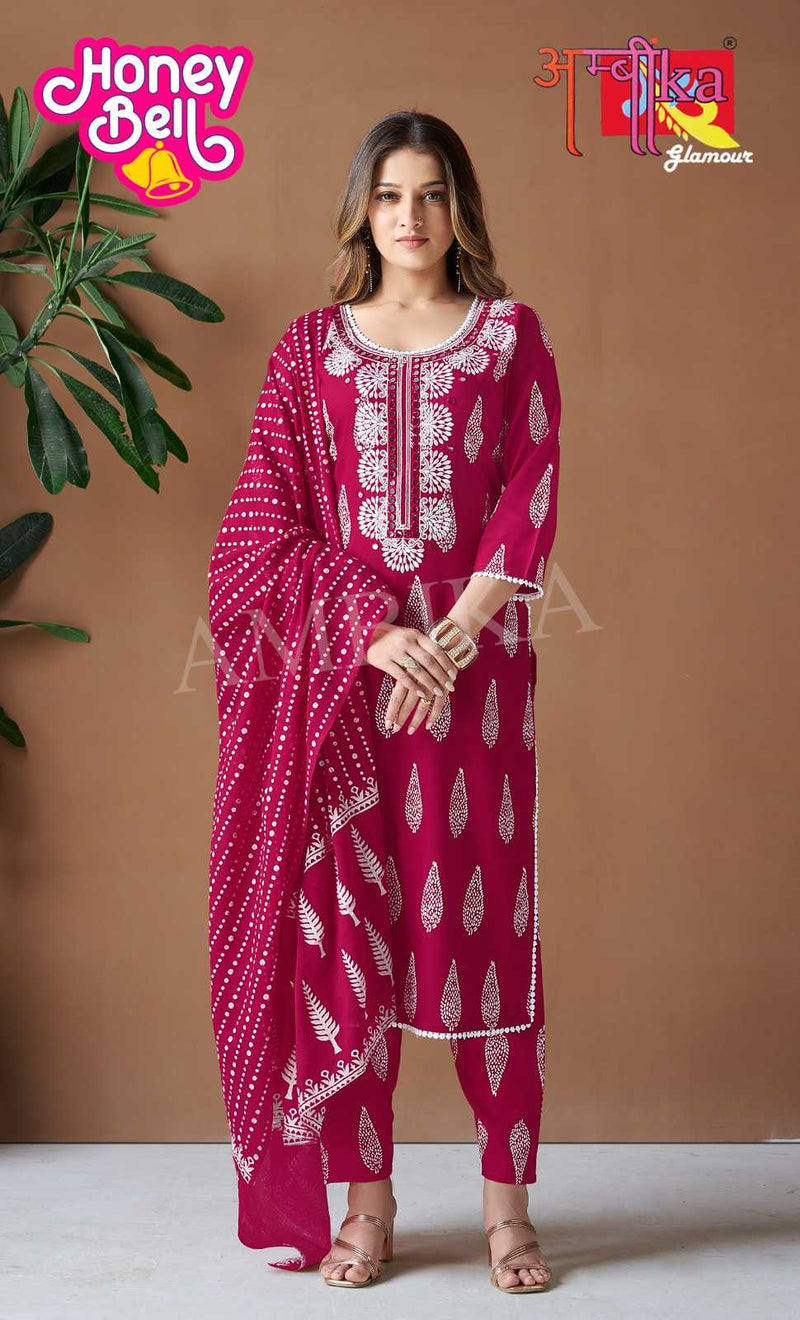 Ambika Kurtis Honey Bell Rayon Printed Mirror Work And Less On Neck Kurti Pant Dupatta Set