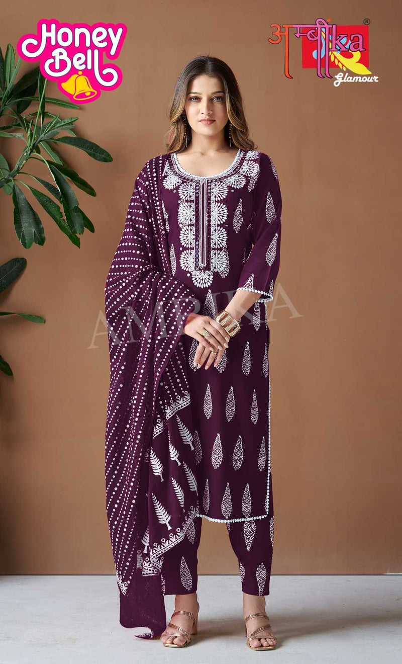 Ambika Kurtis Honey Bell Rayon Printed Mirror Work And Less On Neck Kurti Pant Dupatta Set