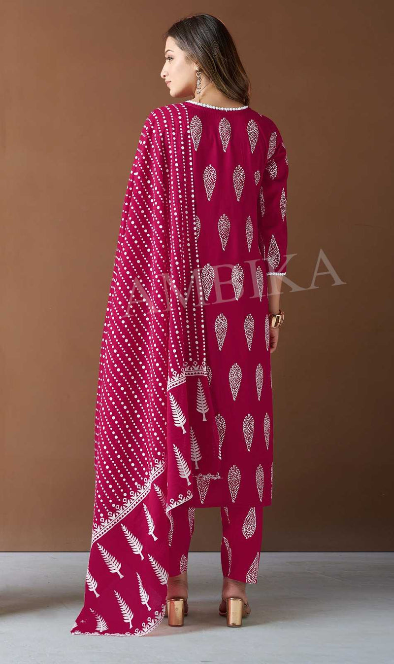 Ambika Kurtis Honey Bell Rayon Printed Mirror Work And Less On Neck Kurti Pant Dupatta Set