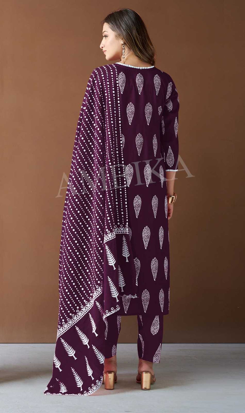 Ambika Kurtis Honey Bell Rayon Printed Mirror Work And Less On Neck Kurti Pant Dupatta Set