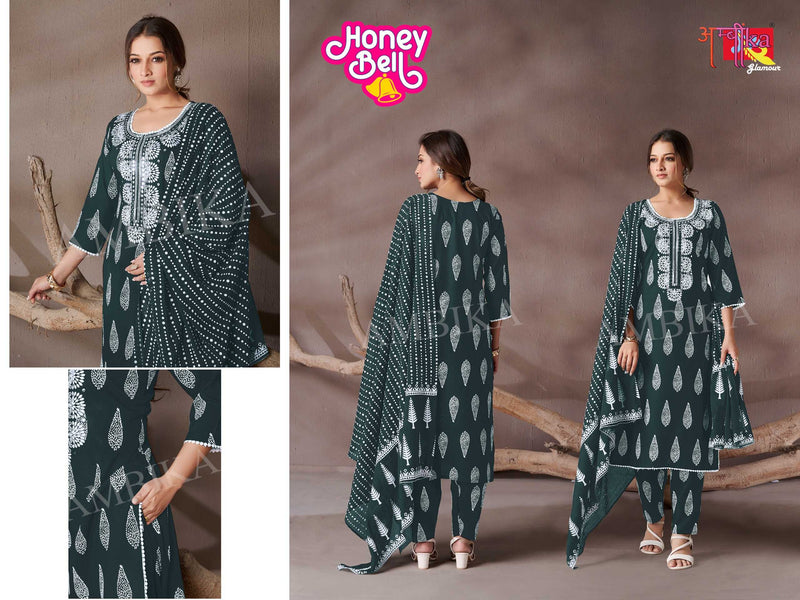 Ambika Kurtis Honey Bell Rayon Printed Mirror Work And Less On Neck Kurti Pant Dupatta Set