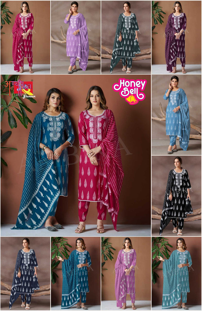 Ambika Kurtis Honey Bell Rayon Printed Mirror Work And Less On Neck Kurti Pant Dupatta Set