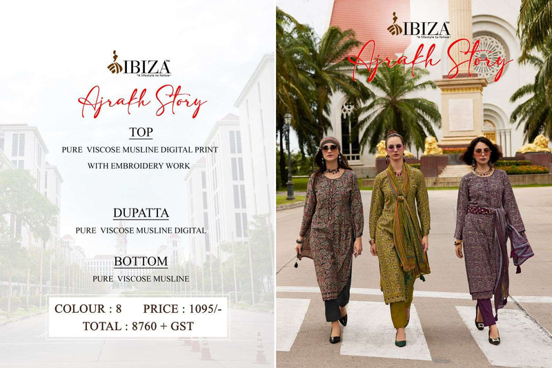 Ibiza Ajrakh Story Viscose  Musline Digital Print Embroidery Work Designer Suit