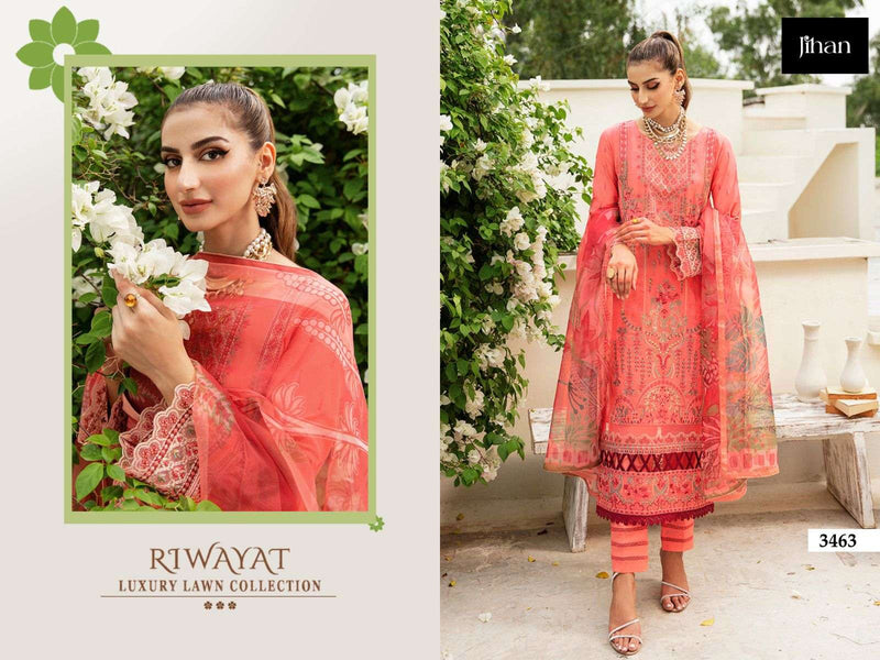 Jihan Riwayat Luxury Lawn Collection Rayon Embroidery Patches Party Wear Suit