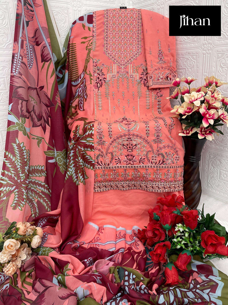 Jihan Riwayat Luxury Lawn Collection Rayon Embroidery Patches Party Wear Suit