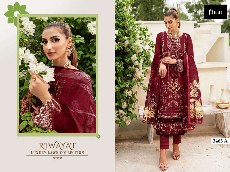 Jihan Riwayat Luxury Lawn Collection Rayon Embroidery Patches Party Wear Suit