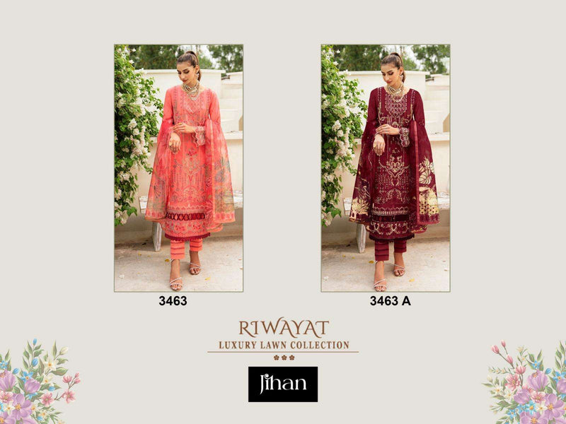 Jihan Riwayat Luxury Lawn Collection Rayon Embroidery Patches Party Wear Suit