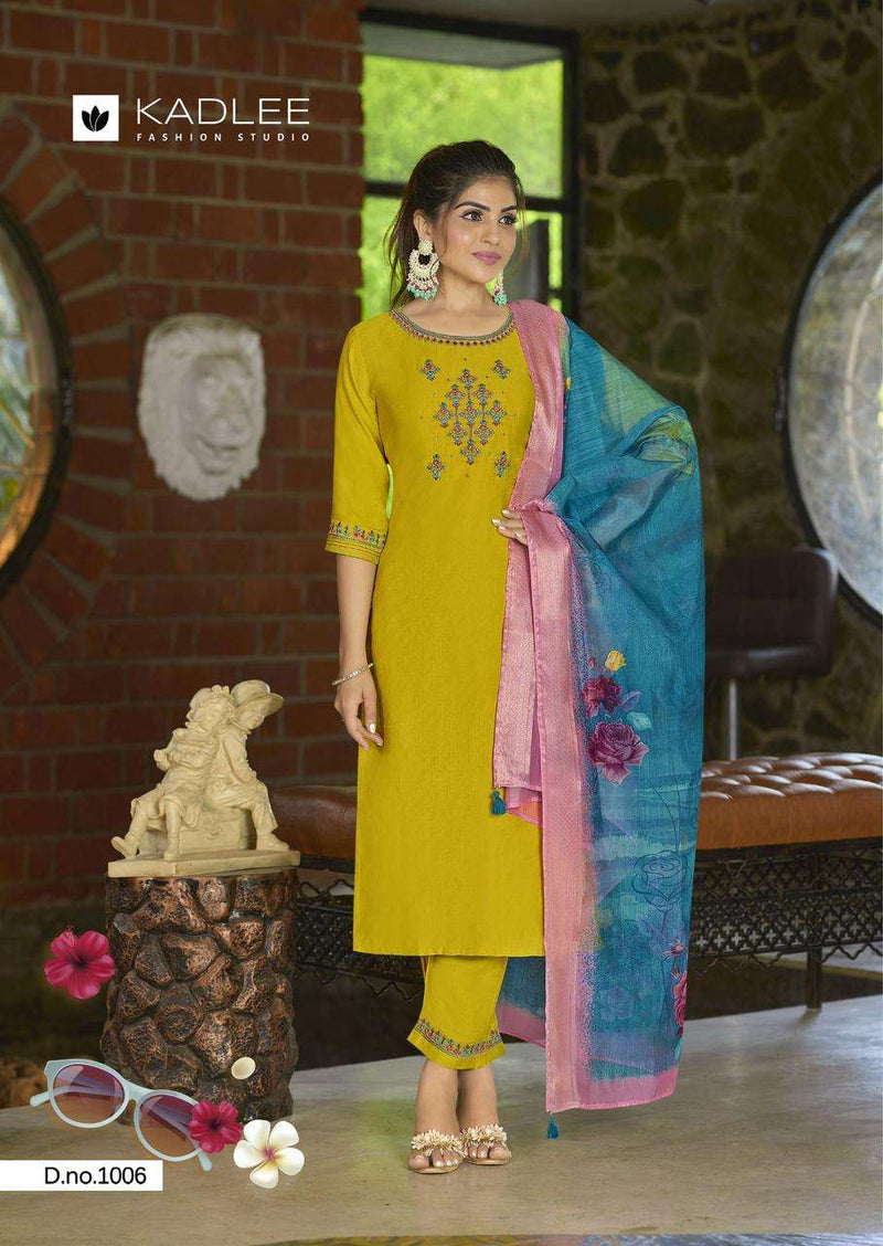 Kadlee Fashion Nazakat Viscose Handwork Embroidery Festiv Wear Kurti Pant Dupatta Set