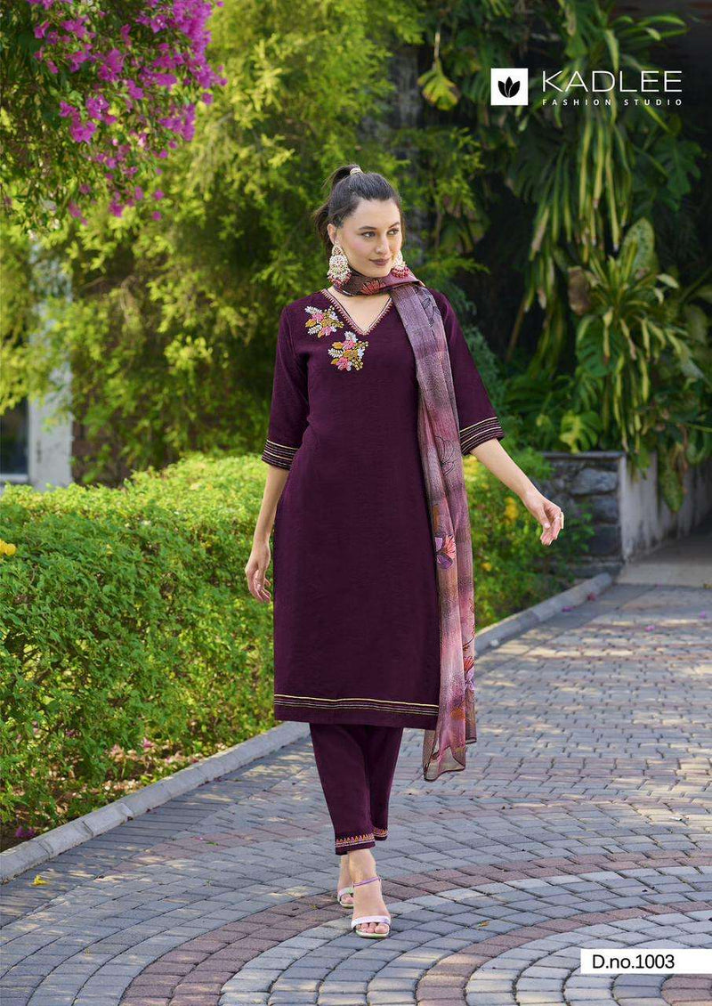 Kadlee Fashion Nazakat Viscose Handwork Embroidery Festiv Wear Kurti Pant Dupatta Set