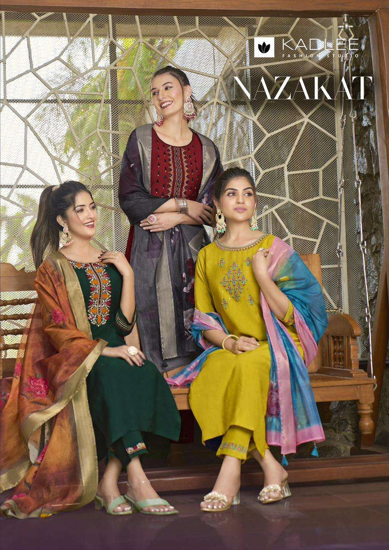 Kadlee Fashion Nazakat Viscose Handwork Embroidery Festiv Wear Kurti Pant Dupatta Set