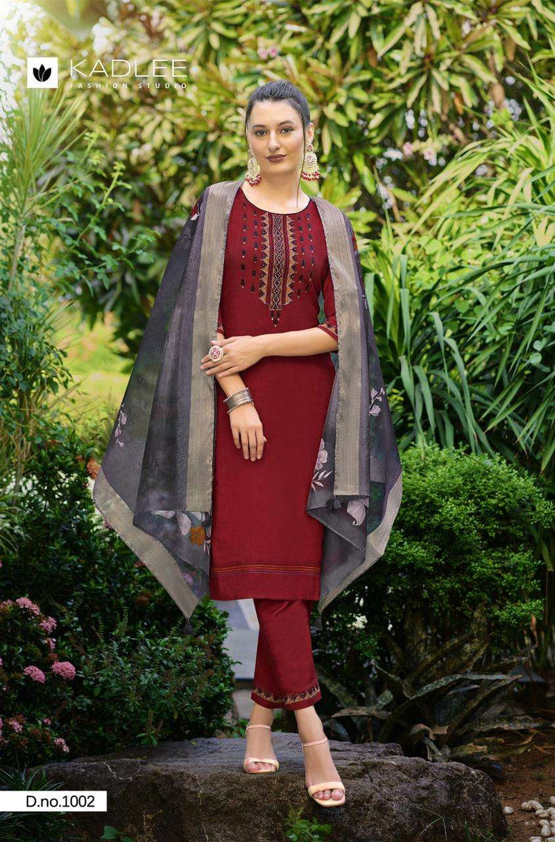 Kadlee Fashion Nazakat Viscose Handwork Embroidery Festiv Wear Kurti Pant Dupatta Set