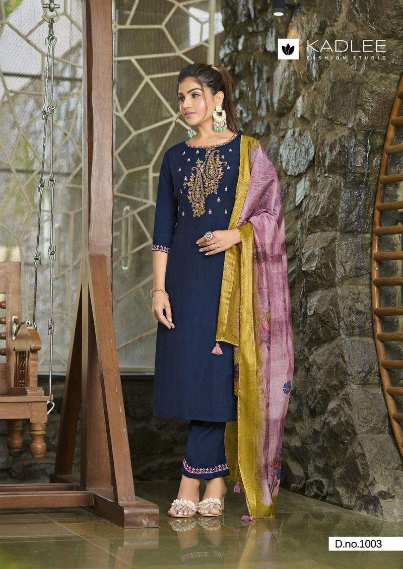 Kadlee Fashion Nazakat Viscose Handwork Embroidery Festiv Wear Kurti Pant Dupatta Set