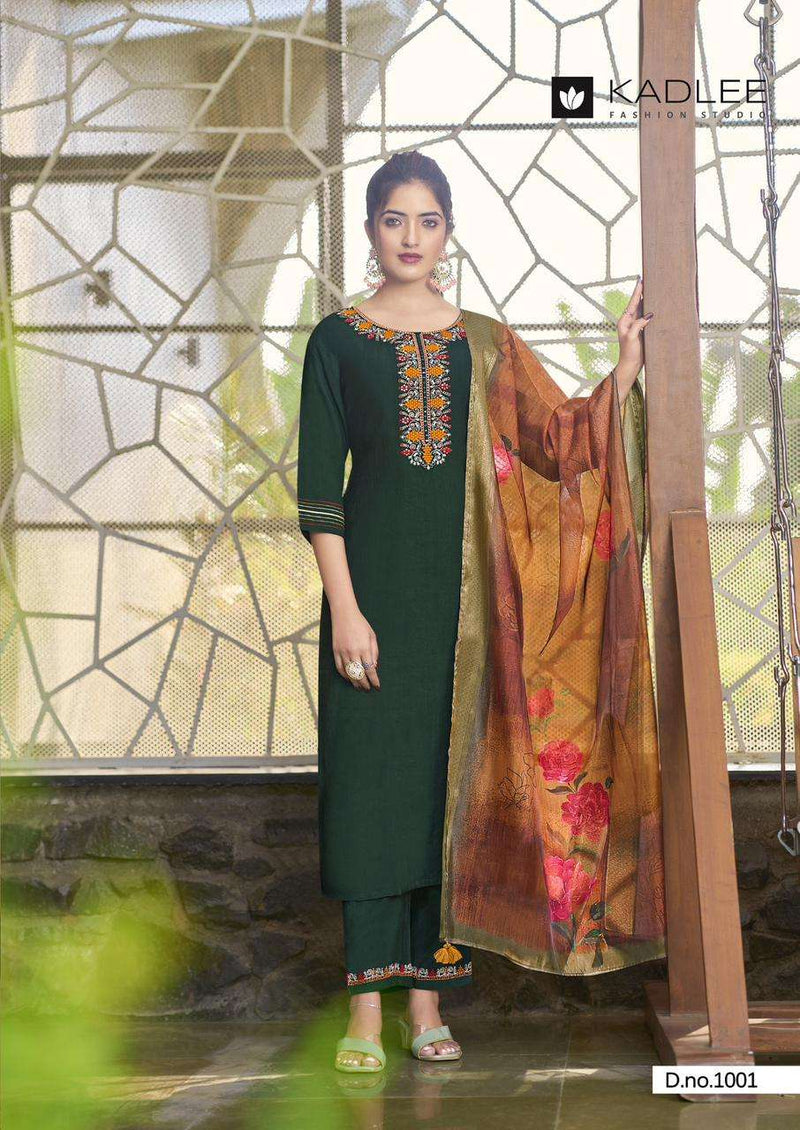 Kadlee Fashion Nazakat Viscose Handwork Embroidery Festiv Wear Kurti Pant Dupatta Set