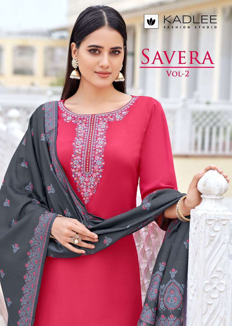 Kadlee Fashion Savera Vol 2 Rayon Thread Handwork Fancy Kurti Pant Dupatta Set