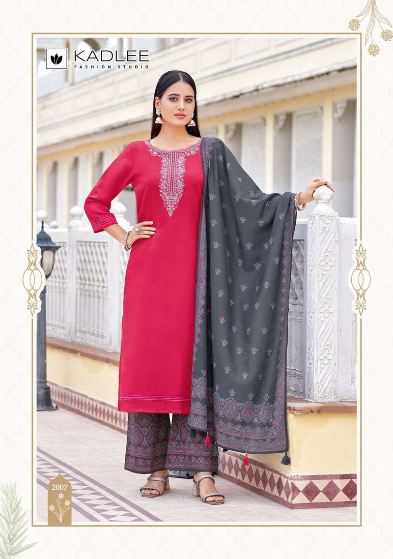 Kadlee Fashion Savera Vol 2 Rayon Thread Handwork Fancy Kurti Pant Dupatta Set