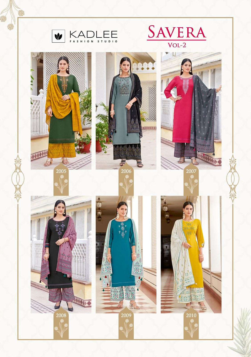 Kadlee Fashion Savera Vol 2 Rayon Thread Handwork Fancy Kurti Pant Dupatta Set