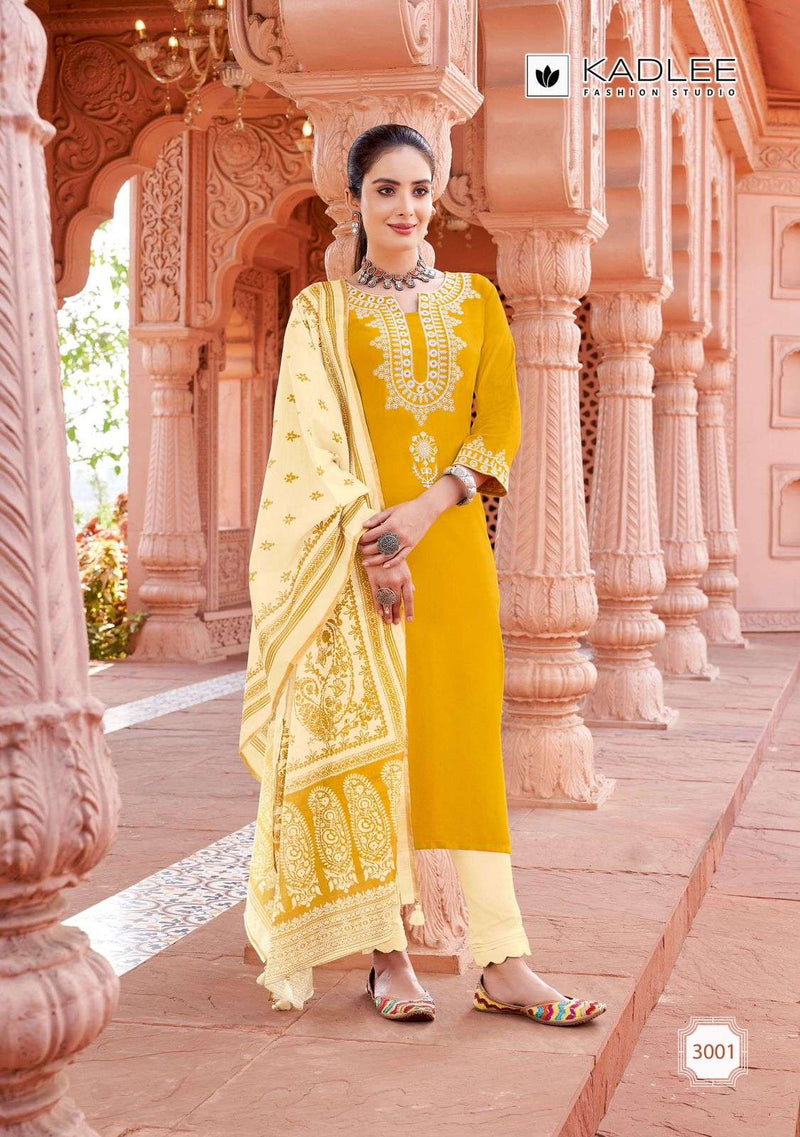 Kadlee Fashion Sukanya Rayon Thread Handwork Festiv Wear Kurti Pant Dupatta Set