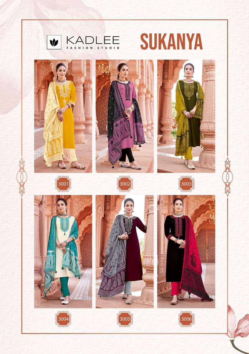 Kadlee Fashion Sukanya Rayon Thread Handwork Festiv Wear Kurti Pant Dupatta Set