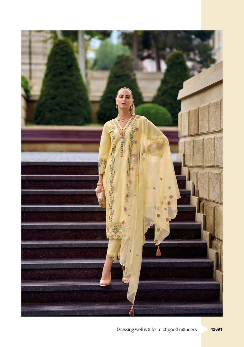 Kailee Fashion Tehjeeb Cotton Designer Fancy Therd Work Fully Stiched Kurti Pant & Dupatta Set