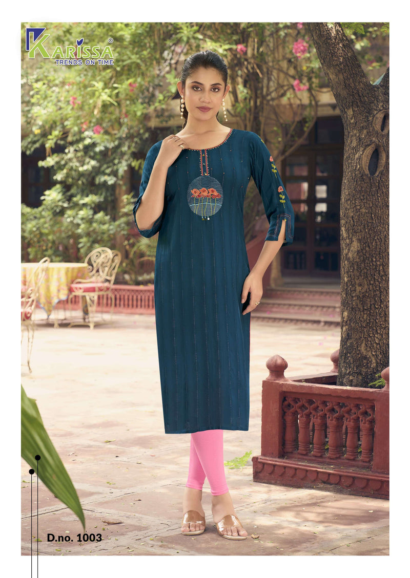 Karissa Charvee  Rayon Weaving Effect Thread Work With Handwork Casual Wear Kurti