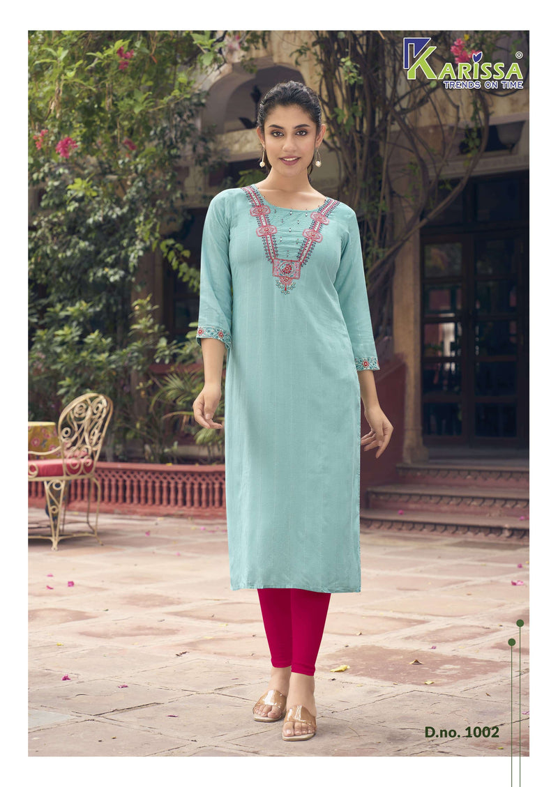 Karissa Charvee  Rayon Weaving Effect Thread Work With Handwork Casual Wear Kurti